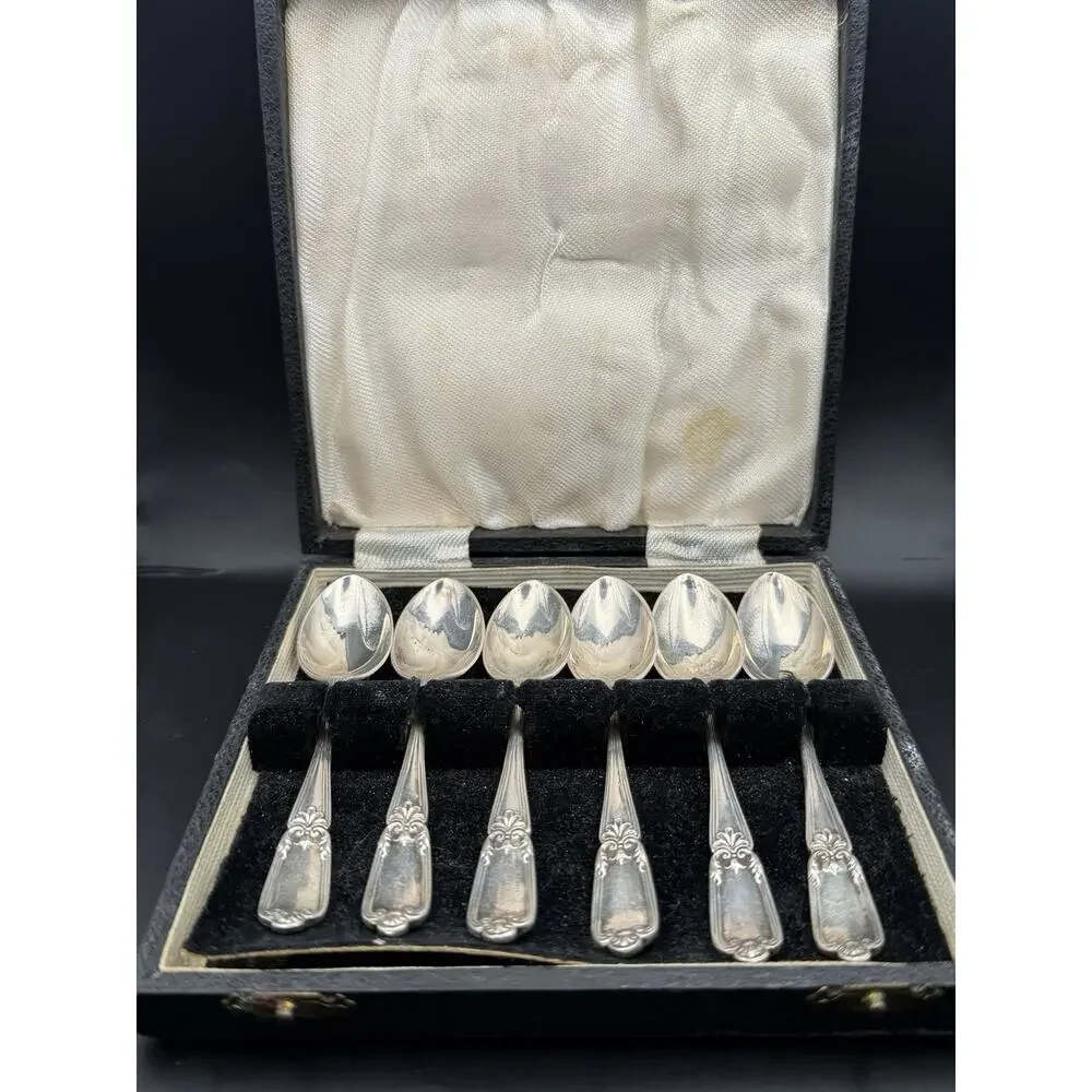 Antique 1917 Sheffield England Set of 6 Demitasse Spoons in box